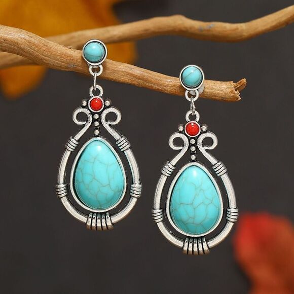 Boho Bold Southwestern Teardrop Faux Turquoise & Red Bead Stud Dangle Earrings - Picture 1 of 6